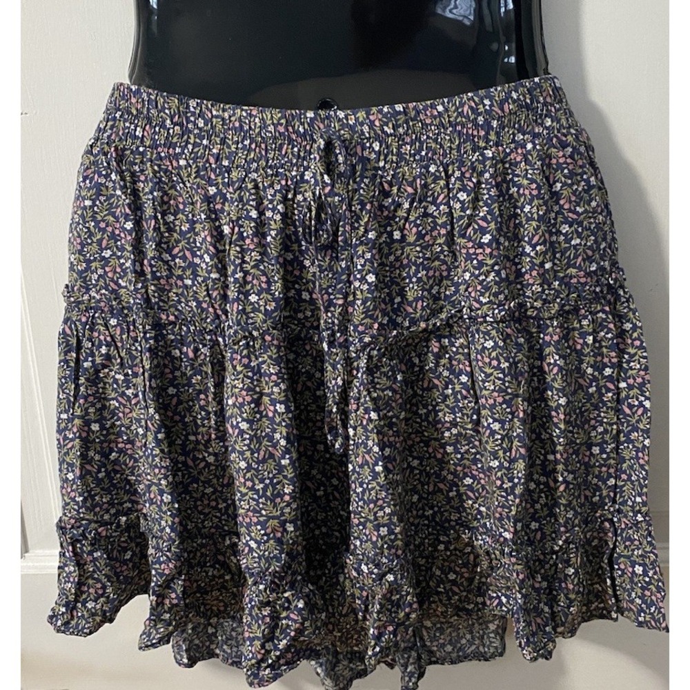 Mittoshop Floral Print Elastic Waist Tiered Skirt SZ L Navy Blue Boho‎ Smocked